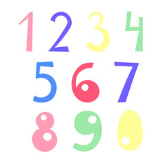 Numbers of different colors hand drawn in doodle style vector illustration, maths symbols, cute funny decorative lettering