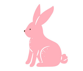 Bunny vector illustration. Pink textured rabbit isolated on white background. Cute print design characters in flat cartoon scandinavian style