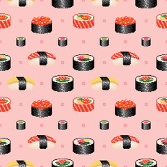 Pixel art sushi seamless pattern. Pixel japanese cuisine retro background. 8 bit cute seamless pattern with sushi, maki and rolls. Retro gaming Pixel sushi and other Japanese food ornament. Vector. © Takoyaki Shop