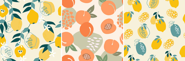 A set of artistic seamless patterns with abstract fruits. flowers, shapes, leaves, lemons and pears, peaches of yellow and blue colors. Vector illustration.