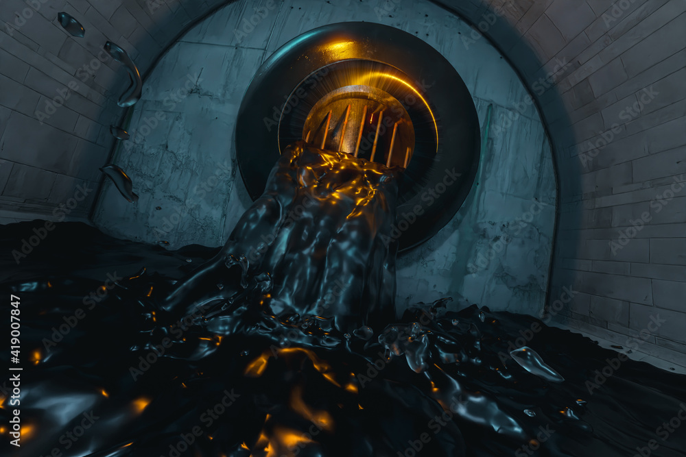 Poster 3d rendering of concrete round tunnel with railings flooded with water