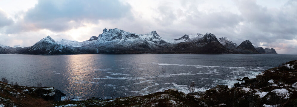 Breathtaking views of Norwegian national park, ocean coast at sunset, panorama, beautiful Scandinavian landscape, travel to Norway