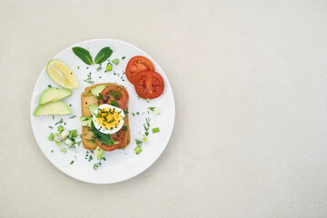 Avocado toasts on bread. Vegetarian food. Plant-based diet. Clean eating. Top view.