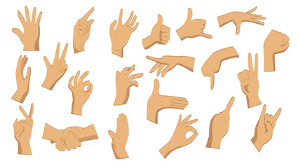 Flat hand gestures. Male flat hands in different positions on a white background. Pointing hands, gesturing communication language, palm gesture designation.  Vector illustration.