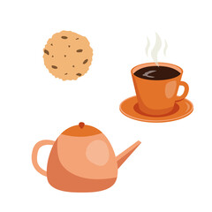 Set of vector illustrations of mugs, teapots and cookies. Time to drink tea concept. Suitable for a cozy home or coffee shop as a poster or menu