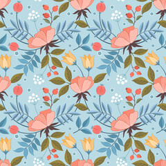 Obraz na płótnie Canvas Pink and yellow flowers on a light blue color seamless pattern for fabric textile background, wrapping paper, and backdrop.
