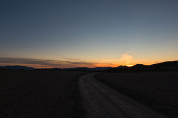 camino dirigido hacia el atardecer