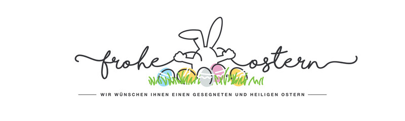 Happy Easter we wish you a holy and blessed Easter German language handwritten line design typography bunny connects Happy and Easter lettering white greeting card background with colorful eggs in gra