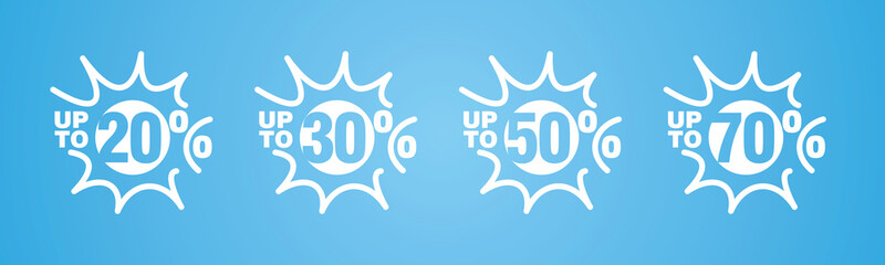 Summer Spring Sale special offer up to 20 30 50 70 % off white sun negative space discount numbers stickers labels blue background