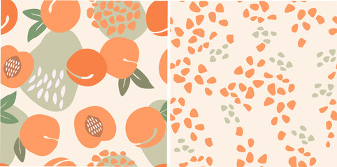A set of artistic seamless patterns with abstract flowers, fruits with simple shapes, leaves, peaches in delicate orange tones. Vector illustration.