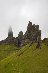 Mist over the Old Man of Storr rock formation, Isle of Skye, Inner Hebrides, Scotland, UK