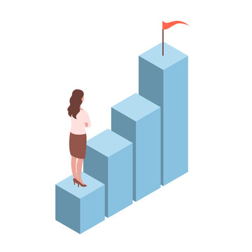 A young modern woman is climbing the career ladder. Vector isolated illustration about business and success. Isometric style