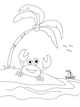 cheerful crab on the beach - coloring book
