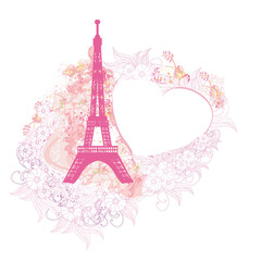 Fototapeta na wymiar Eiffel tower artistic card, decorative floral frame