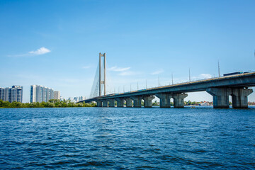 Antenna of the south bridge, the city of Kiev Ukraine. South bridge of the city of Kiev. Dnieper river, bridge over the river. Summer time