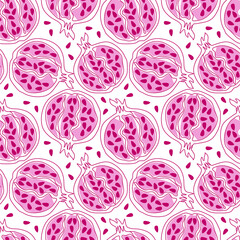 Pomegranate seamless pattern. Ripe pomegranate grains on white  background. Can be used for wallpaper, fabric, wrapping paper or decoration. Vector hand drawn illustration
