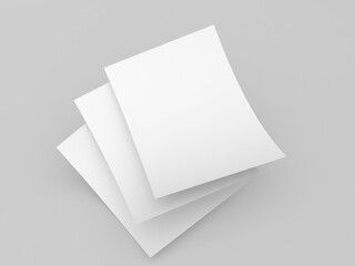 White sheets of office paper on a gray background. 3d render illustration.