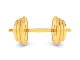 Gold sports dumbbell on a white background. 3d render illustration.