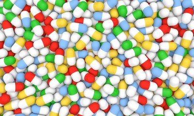 Background from medical pills. Concept of medicine. 3d render illustration.