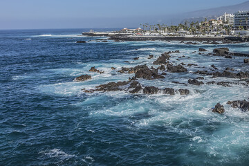 Amazing view of coastline and Atlantic Ocean seafront in Puerto de la Cruz town, Tenerife, Canary Islands, Spain.