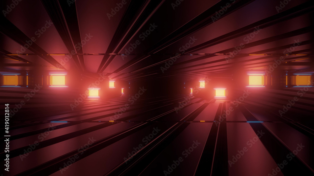 Poster 3d rendering futuristic sci-fi background with neon lights and reflective tunnel motion patterns