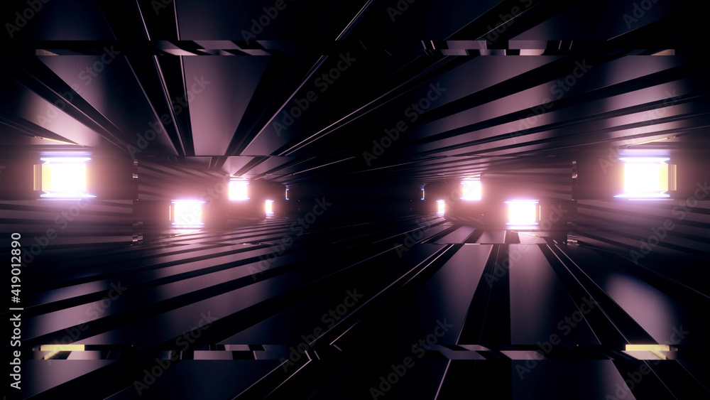 Wall mural 3d rendering futuristic sci-fi background with neon lights and reflective tunnel motion patterns