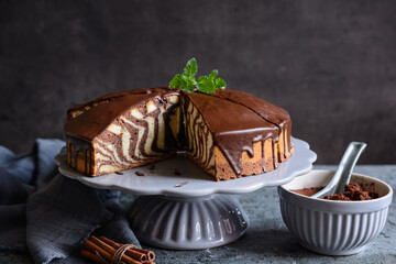 Zebra marble cake with chocolate glaze
