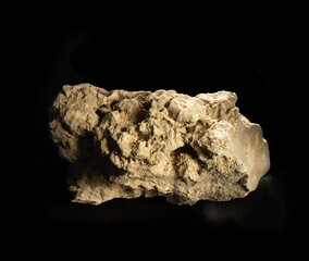 Dolomite mineral with a prehistoric shell from Vitebsk, Belarus. A stone isolated on black. For geology or minerology websites, stone collection catalog, Natural Science museum wall charts or posters