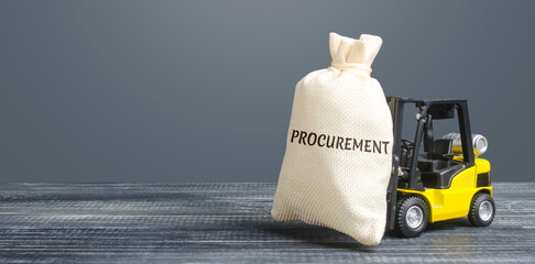 Money bag with the word Procurement and yellow forklift. Logistics, warehousing, transportation of...