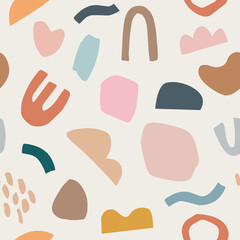 Pieces of torn paper and brush strokes. Seamless pattern. Abstract cut out vector shapes. Flat simple minimalist colorful background. Collage elements, texture for textile, fabric, wrapping paper.
