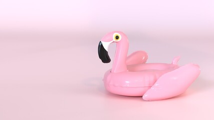 Flamingo float on pastel pink background with copyspace. Summer minimal concept. 3d rendering
