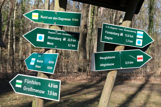 trail hiking signs at lake Stechlin in Brandenburg