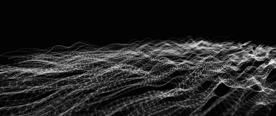 Wave form of dots and lines. Abstract mesh. 3D rendering.