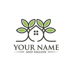 Farm House Logo Concept in Simple Iconic Line Style Design Vector, Green Wood Resident Vector Logo Template. Design template of two trees incorporate with a house that made from a simple scratch. 