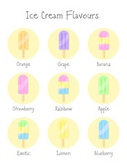 Fruit ice cream flavours menu table with titles. Different types of colorful gelato icon set. Healthy summer fresh food concept. Cartoon flat vector illustration. Ice cream truck, cafe menu element.