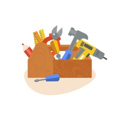 Construction repair tools flat icon set. Cartoon wooden tool box with hammers, screwdriver, wrench. Isolated flat set