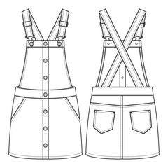 Girls Pinafore fashion flat sketch template. Kids Jumper Dress Technical Fashion Illustration. Snap Detail