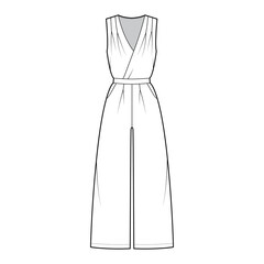 Playsuit romper overall jumpsuit technical fashion illustration with full length, normal waist, high rise, pockets, single pleat. Flat front, white color style. Women, men unisex CAD mockup