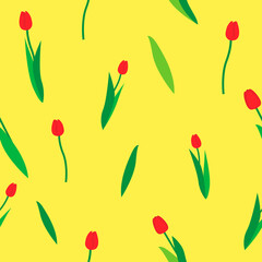 Red tulips seamless pattern. Spring flowers isolated on yellow background.