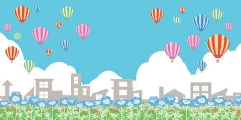 ネモフィラ　街並み　気球　青空