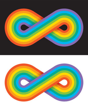 Rainbow coloured infinity symbol.
Vector illustration of overlapping rainbow lines creating the endless loop infinity symbol.