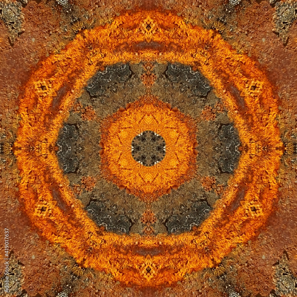 Poster closeup of extreme rust oxidation flakes and patterns in bright orange colour and golden yellow hexa