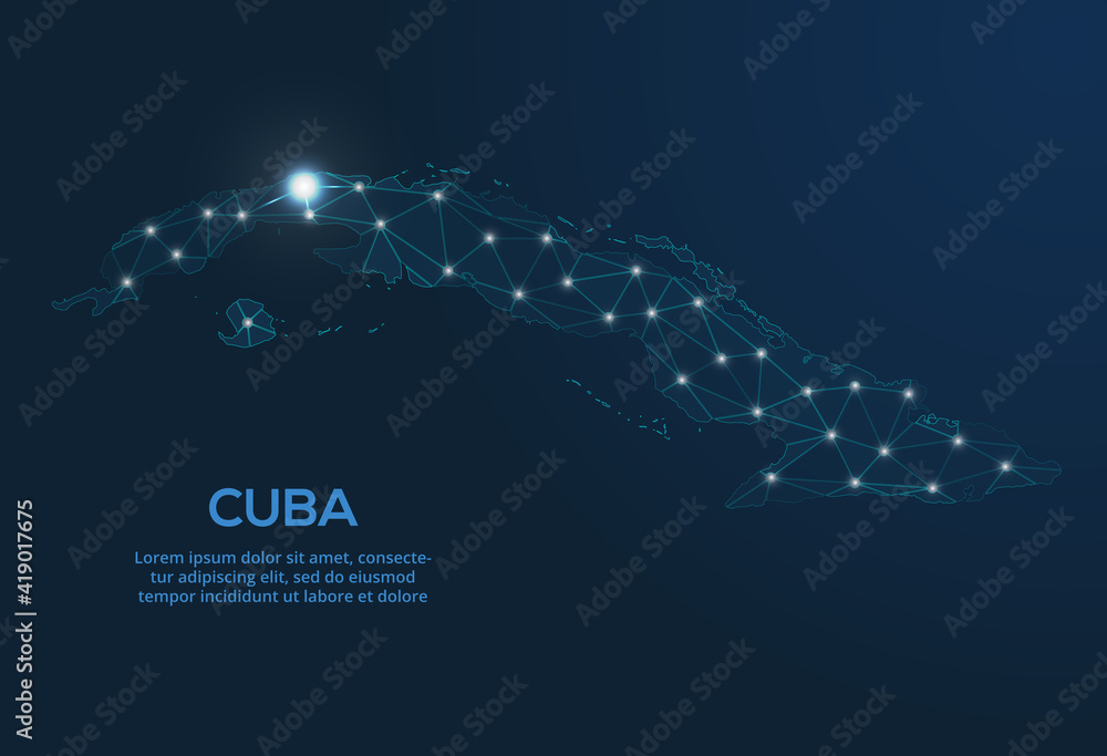 Poster Cuba communication network map. Vector low poly image of a global map with lights in the form of cities. Map in the form of a constellation, mute and stars