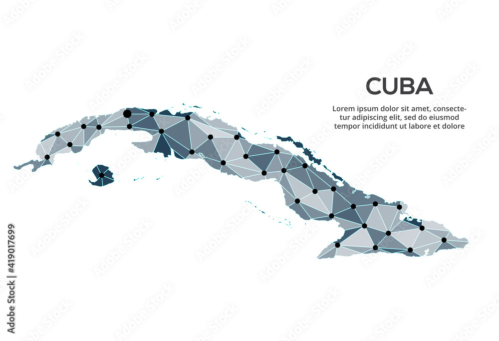 Poster Cuba communication network map. Vector image of a low poly global map with city lights. Map in the form of triangles and dots