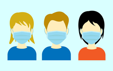 Surgical face mask. Blue medical protective masks front view isolated on blue. Corona virus mask with shield from covid 19 virus concept vector illustration eps 10, easy to modify. 