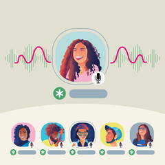 People use headphones listens to a smartphone, screen show status of people using social networking applications, Club, house Drop in Audio, learning or meeting online, Vector illustration, Flat