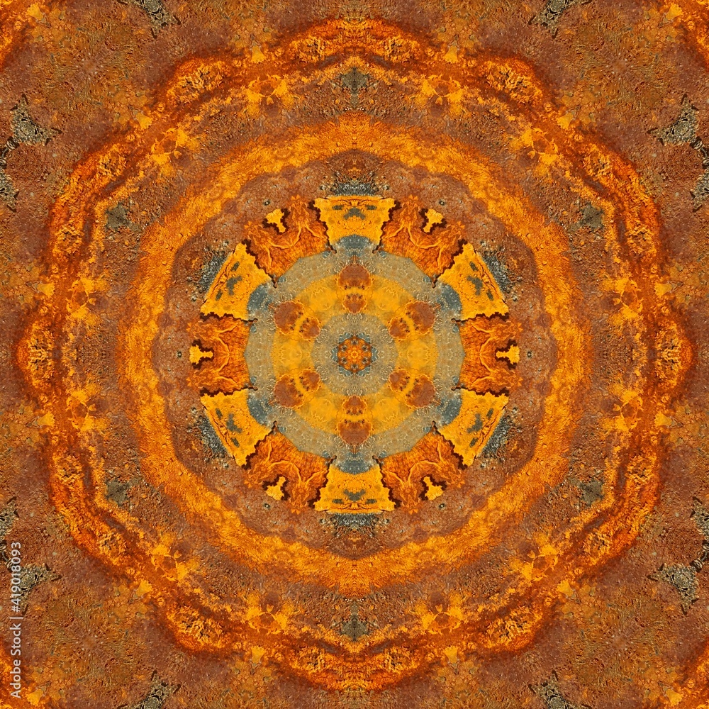 Poster closeup of extreme rust oxidation flakes and patterns in bright orange colour and golden yellow hexa