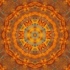 closeup of extreme rust oxidation flakes and patterns in bright orange colour and golden yellow hexagonal design