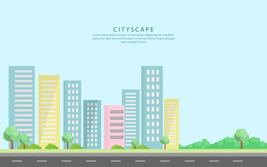 CityScape or city landscape daytime view with traffic, bush, trees and skyscraper building with blue sky background illustration in flat style design - vector illustration