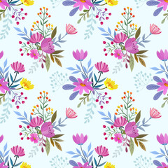 Purple flowers on a light blue color seamless pattern for fabric textile background and backdrop.